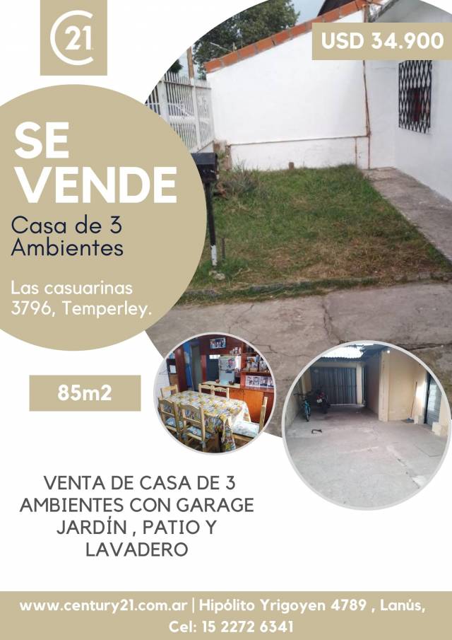 Descripción VENTA DE CASA DE 3 AMBIENTES CON GARAGE , JARDIN , PATIO Y LAVADERO.